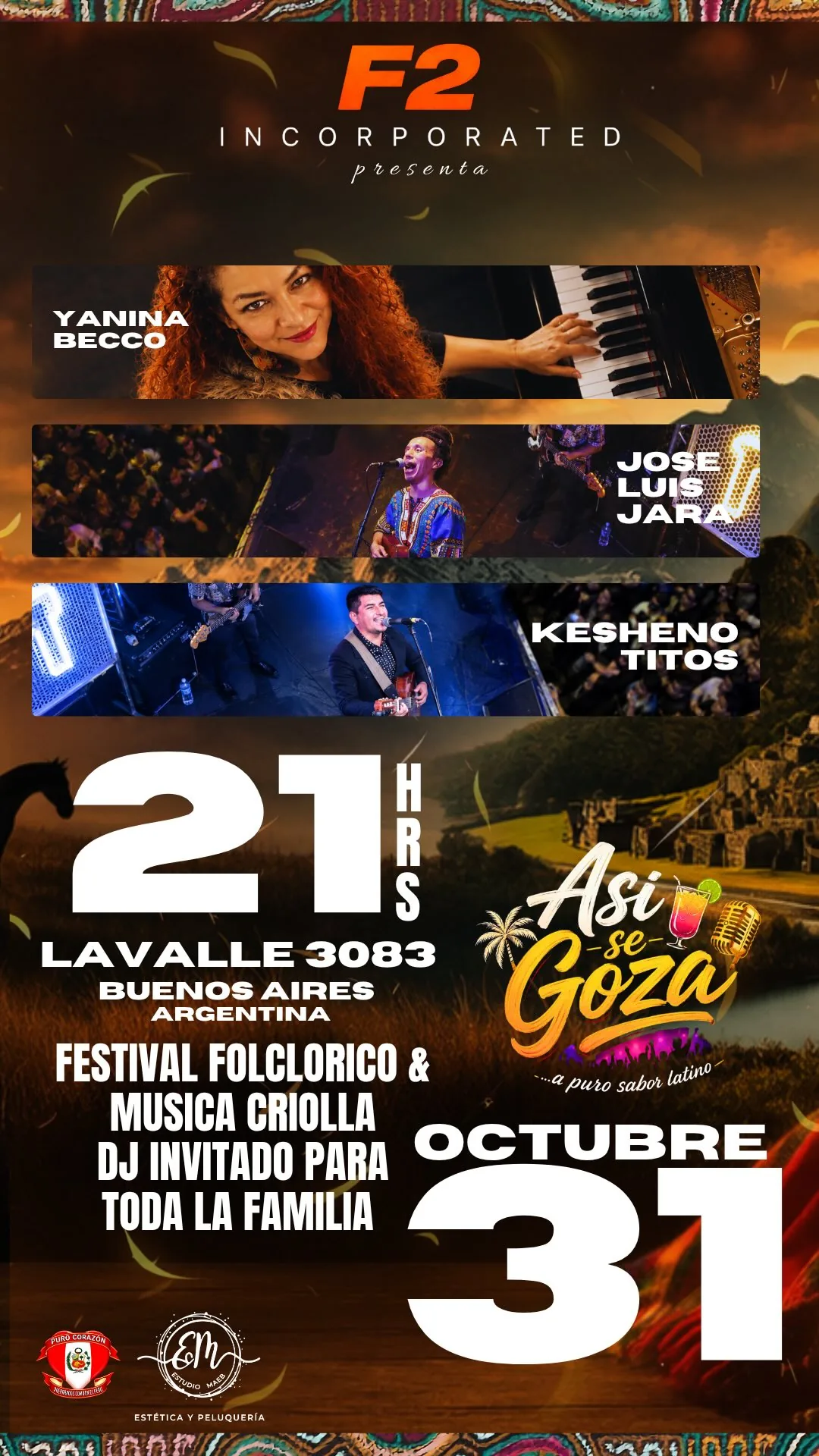 Flyer: F2 Incorporated presenta Así se goza. Yanina Becco, José Luis Jara y Kesheno Titos. 31 de octubre, 21 hs, Lavalle 3083, Buenos Aires.